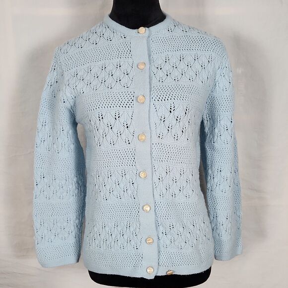 Vtg 1970s Rosanna Wintuk Blue Knit Cardigan Orlon Acrylic Round Neck Sweater - Picture 1 of 16